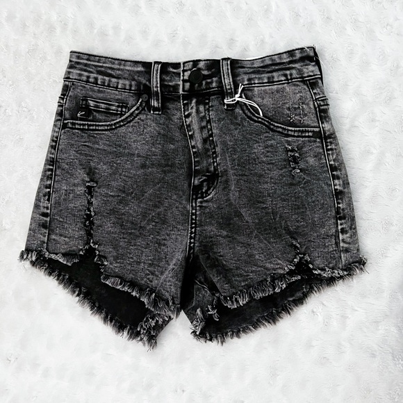 NWT- KANCAN High Rise Acid Wash Distressed Shorts for Women in Black - Picture 4 of 12